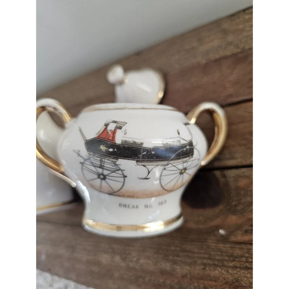 Small Vintage Kingwood China Creamer And Sugar Carriage Wagon Stagecoach Design
